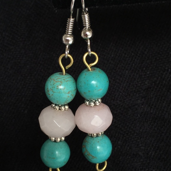 New Handmade Gemstone Earrings Rose Quarts and Turquoise - Picture 1 of 2